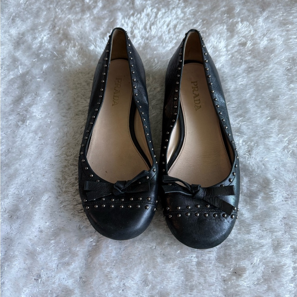 Prada Black Studded Leather Ballet Flats